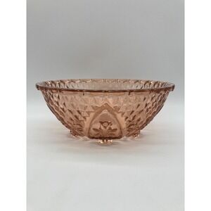 Vtg KIG Indonesia Pink Glass Footed Bowl Rose Heart Fleur De Lis Diamond Point